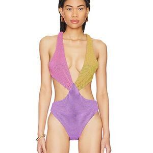 Agua Bendita 
Malibu One Piece Multicolor
Pink Yellow Cutout Swimsuit Revolve L
